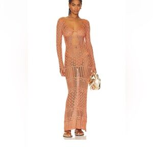 SNDYS x Revolve Long Sleeve Crochet Maxi in Orange Shimmer NWT